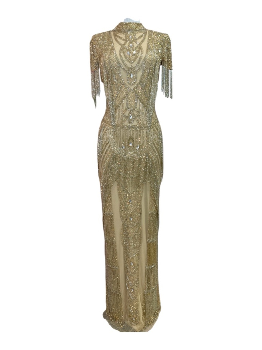 Gold Beaded Fringe Evening Dress